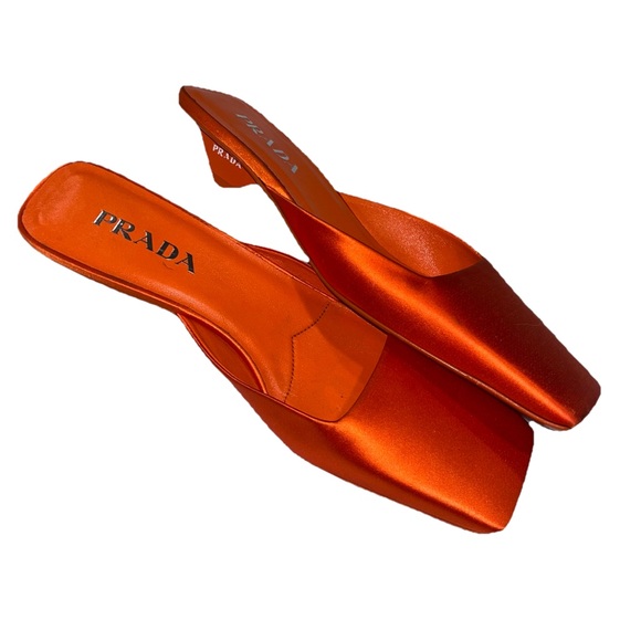 PRADA Modellerie Satin Mules Orange Arancio EU 38.5 Square Toe Kitten Heel RARE - Picture 5 of 13